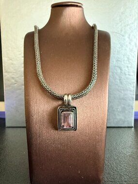 Unique Sarda Sterling Silver Necklace with Antiqued Emerald Cut Amethyst Pendant